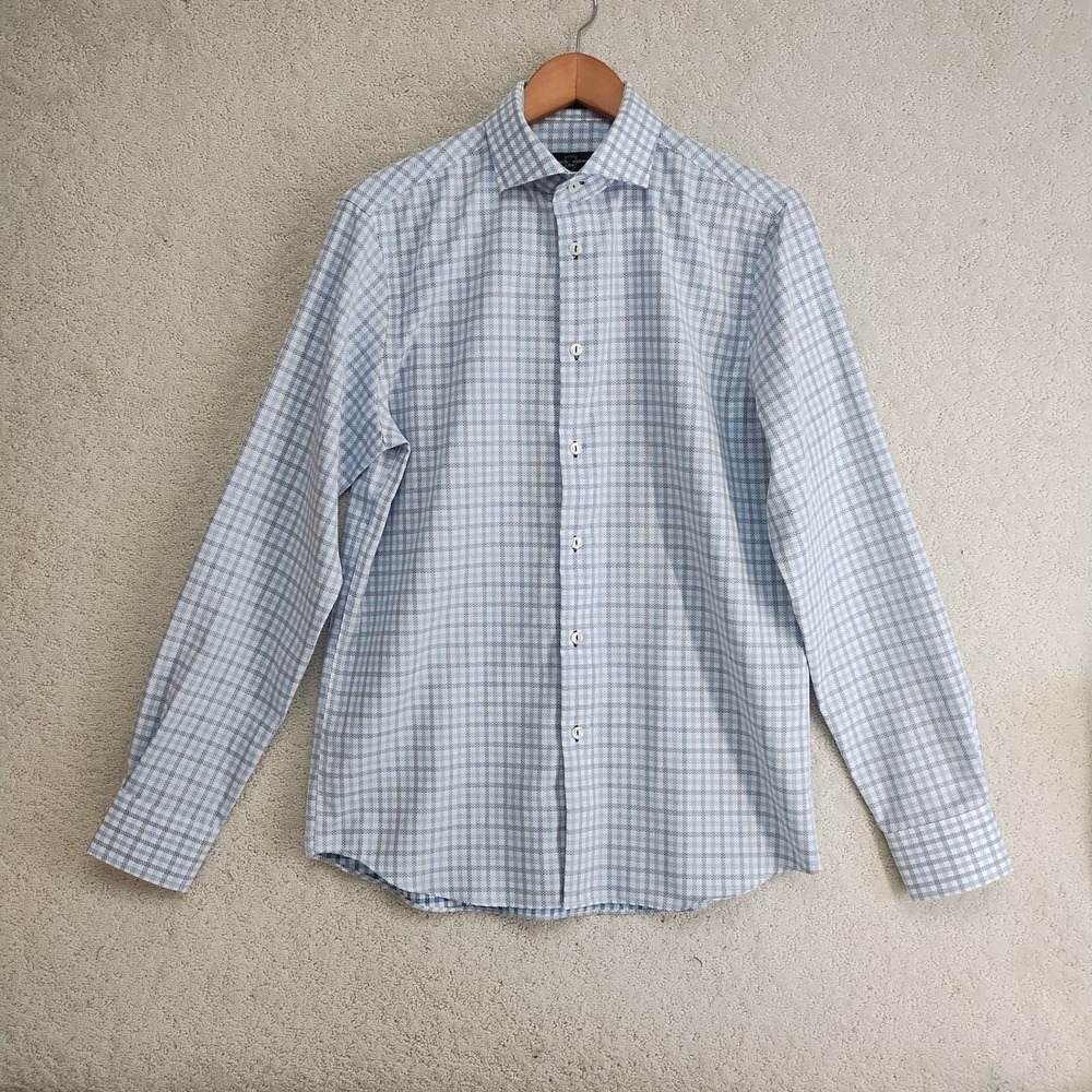 Black Brown Dress Shirt Mens 15.5 39 Long Sleeve Non Iron Blue Check Button Up